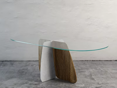 Modern Glass Top Coffee Table with Wooden and Concrete Base Design 3d model