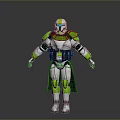 3D Model Of Futuristic Sci Fi Character With White And Green Armor Helmet And Cloak