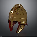 Ancient Golden Helmet With Ornate Gemstone Decorations And Red Accents
