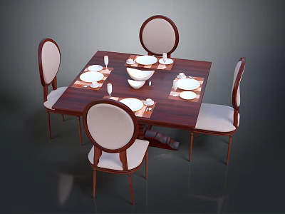 Wooden Dining Table Set With Four Upholstered Chairs And Tableware Setting 3d model