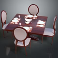 Wooden Dining Table Set With Four Upholstered Chairs And Tableware Setting 3d model