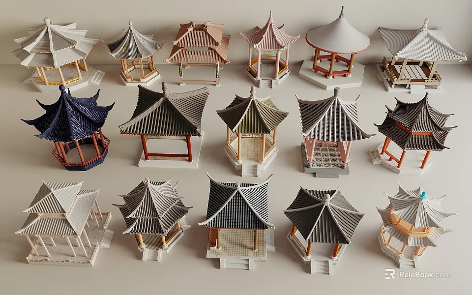 Traditional Chinese Pavilion Models With Various Roof Styles And Decorative Structures 3d model 