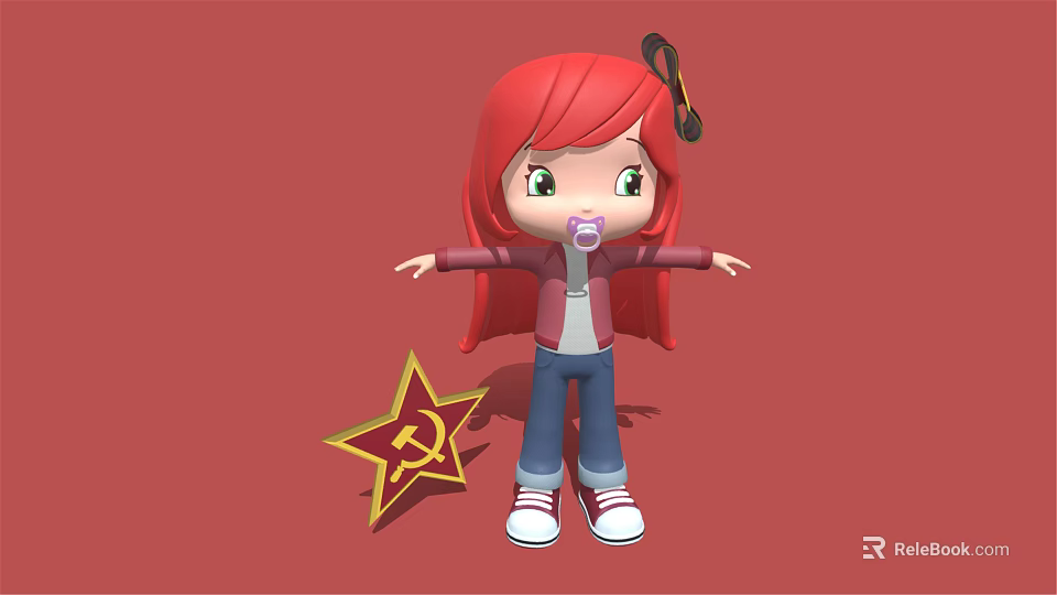 Red Haired Cartoon Girl With Pacifier Wearing Red Jacket And Blue Jeans Near Yellow Star 3d model 