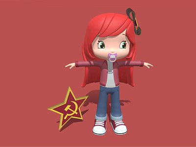 Red Haired Cartoon Girl With Pacifier Wearing Red Jacket And Blue Jeans Near Yellow Star 3d model