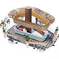 Outdoor Casual Table And Chair Set With Thatched Roof Bar Counter And Plants