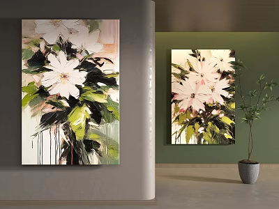 Floral Plant Painting with White Blossoms and Green Foliage for Modern Indoor Room Decor 3d model