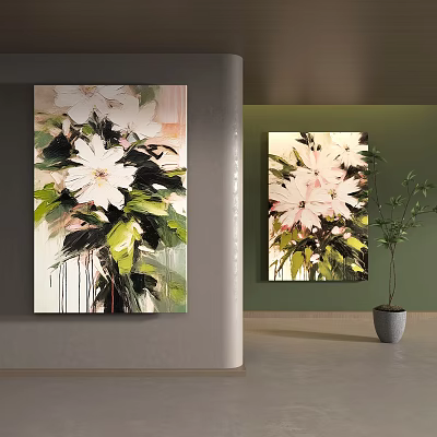 Floral Plant Painting with White Blossoms and Green Foliage for Modern Indoor Room Decor 3d model