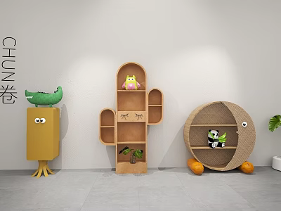 Unique Shaped Wooden Display Shelves With Decorative Ornaments Green Plants And Toys 3d model