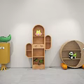 Unique Shaped Wooden Display Shelves With Decorative Ornaments Green Plants And Toys