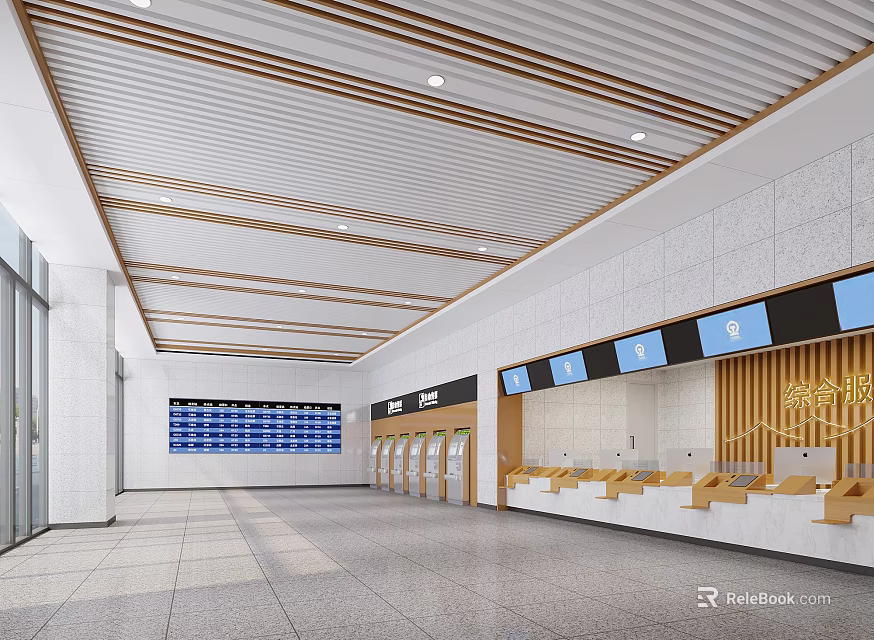 Modern Spacious Service Hall Interior With Wooden Ceiling Glass Walls And Service Counters 3d model 