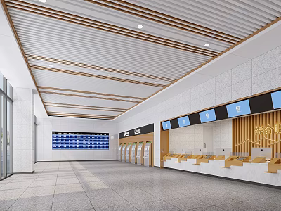 Modern Spacious Service Hall Interior With Wooden Ceiling Glass Walls And Service Counters 3d model