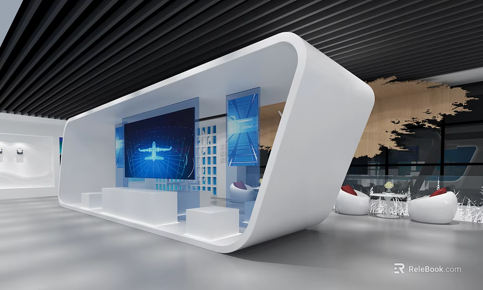 Modern Exhibition Booth Interior With Large Screen Airplane Image Blue Displays And White Seats 3d model 