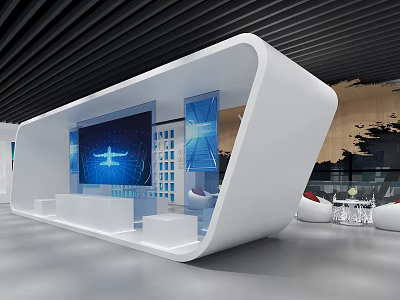 Modern Exhibition Booth Interior With Large Screen Airplane Image Blue Displays And White Seats 3d model