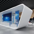 Modern Exhibition Booth Interior With Large Screen Airplane Image Blue Displays And White Seats