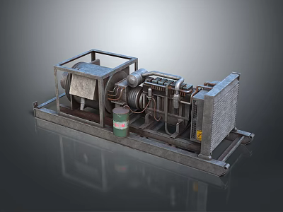 Industrial Mechanical Equipment With Metal Frame Drum Pipes And Green Canister 3d model