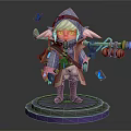 Adorable Cloaked Little Girl Character With Staff Surrounded By Blue Butterflies On Pedestal