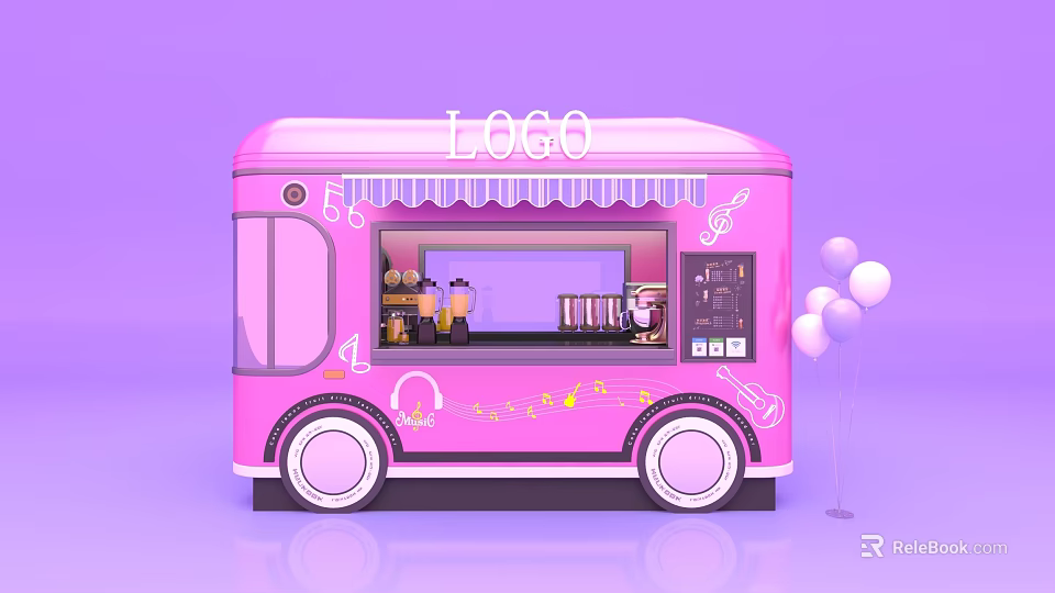 Pink Mobile Tea Break Area With Coffee Machine Cups And Music Note Decorations 3d model 