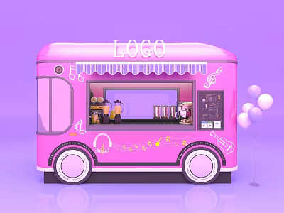 Pink Mobile Tea Break Area With Coffee Machine Cups And Music Note Decorations 3d model