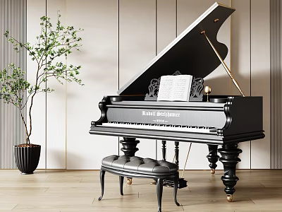 Black Grand Piano With Bench And Music Sheet In Modern Interior 3d model