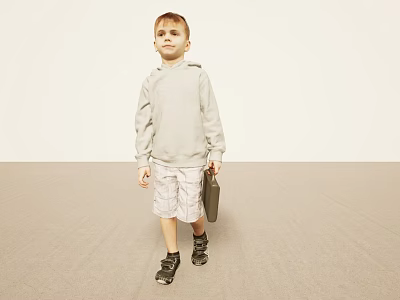 Young Man In Hoodie Shorts Carrying Briefcase In Empty Space 3d model