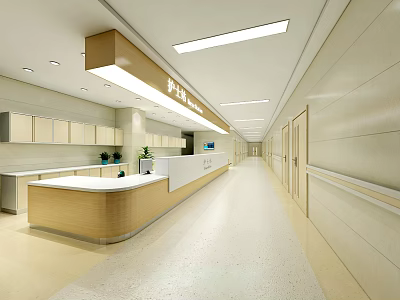 Bright Modern Hospital Corridor Interior With Reception Desk Cabinets And Lighting 3d model