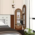 Wooden Display Shelf with Radio Dog Statue Lamp Books and Small Bowl in Home Interior