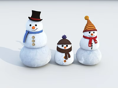 Three Snowmen Figures With Different Hats Scarves And Winter Decorations On White Background 3d model