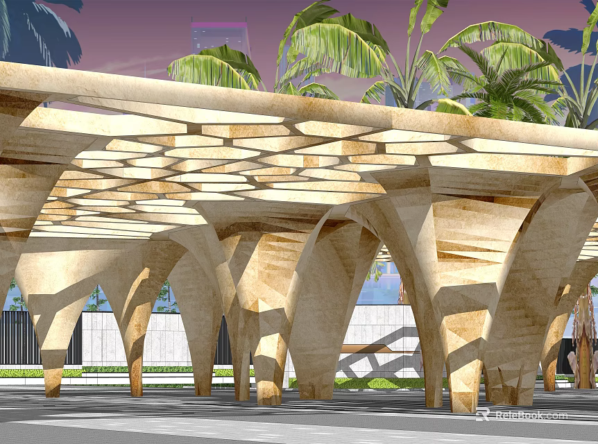 Wooden Pergola With Arched Structure And Lattice Top Surrounded By Palm Trees 3d model 