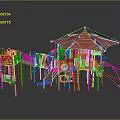 Colorful Children's Playground Equipment With Red Canopy Blue Frame Slide And Climbing Structures