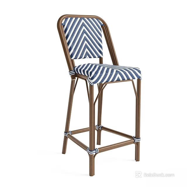 Stylish Bar Stool With Blue White Chevron Pattern Backrest Seat And Brown Frame 3d model 
