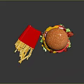 Delicious Cheeseburger With Bacon Lettuce Tomato And Golden French Fries In Red Packaging