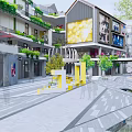 Modern Commercial Street with Multi Story Buildings Green Plants Plaza Leisure Facilities and Colorful Ground