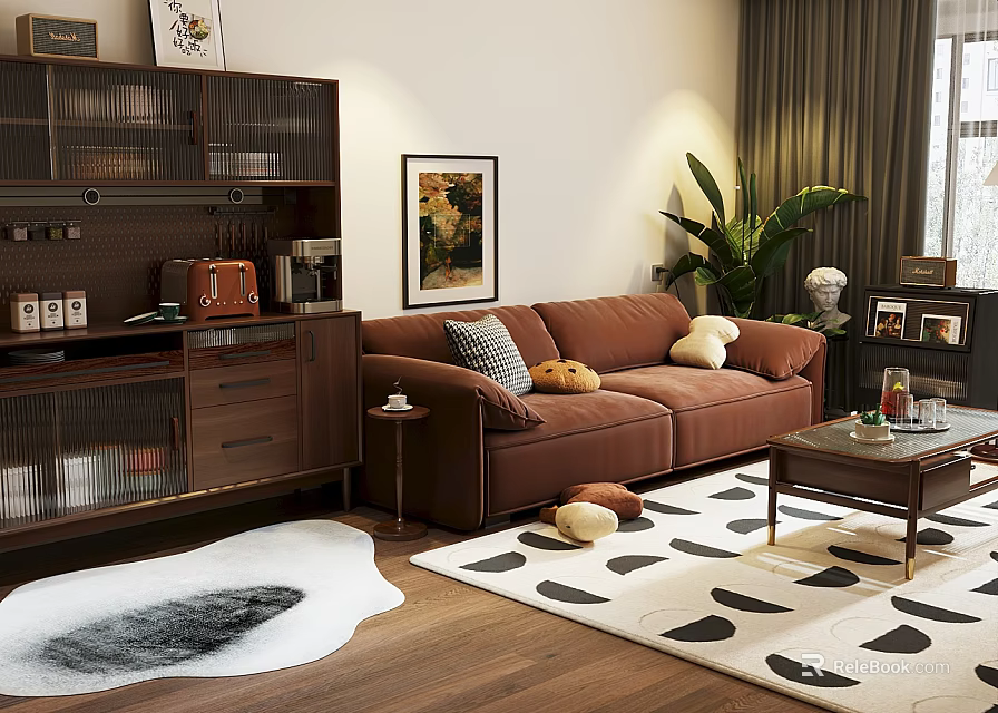 Cozy Living Room Interior With Brown Sofa Patterned Rug And Wooden Decorative Elements 3d model 