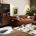 Cozy Living Room Interior With Brown Sofa Patterned Rug And Wooden Decorative Elements 3d model