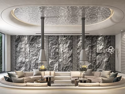 Modern Lounge Area Featuring Round Sofa Stone Texture Wall Circular Ceiling And Hanging Pendant Lights 3d model