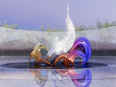 Colorful Modern Outdoor Sculpture Featuring Sleek Design Green Plants Metal Mesh Background and Water Reflection 3d model