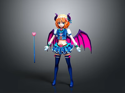 Anime Character With Orange Hair Horns Purple Wings Blue Outfit And Heart Shaped Magic Wand 3d model