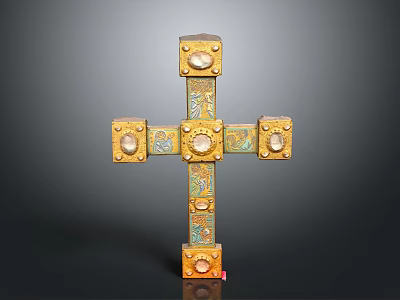 Artistic Golden Cross Sculpture with Intricate Carvings and Gemstone Accents 3d model