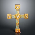 Artistic Golden Cross Sculpture with Intricate Carvings and Gemstone Accents