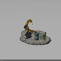 Yellow Robotic Arm Handling Wooden Plank Blue Barrel And Green Cloth On Stone Platform