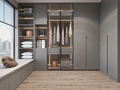 Modern Walk in Closet Interior Featuring Gray Cabinetry Open Shelves Hanging Clothes and Wooden Flooring 3d model