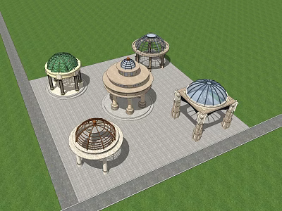 Garden Pavilion Structures With Domed Roofs On Stone Pavement And Green Lawn 3d model