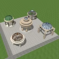 Garden Pavilion Structures With Domed Roofs On Stone Pavement And Green Lawn