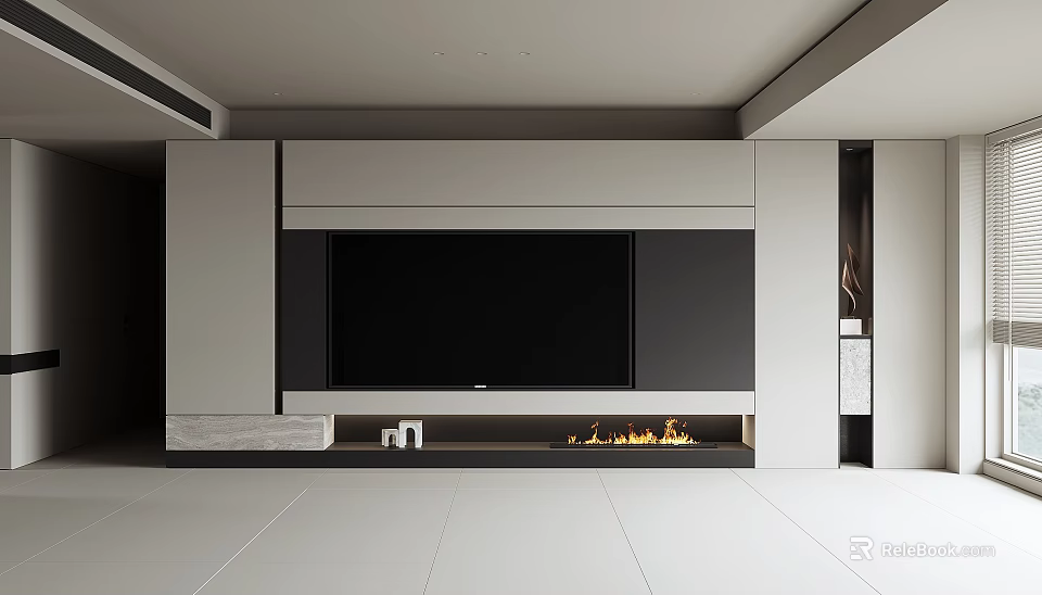 Modern TV Background Wall Interior Design With Built-in TV Fireplace And Gray Tones 3d model 