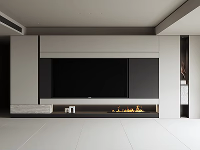 Modern TV Background Wall Interior Design With Built-in TV Fireplace And Gray Tones 3d model