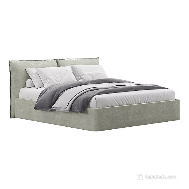 Light Gray Double Bed Frame With Cozy White And Gray Bedding Pillows 3d model