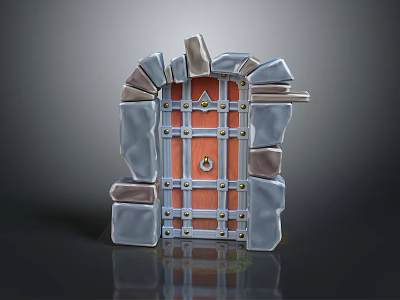 Stone Arch Door With Stacked Stone Frame Wooden Panel And Metal Knocker 3d model