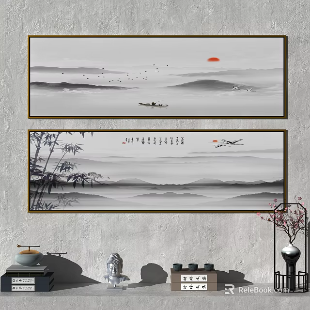 Abstract Painting Featuring Distant Mountains Red Sun Flying Birds Small Boat Bamboo For Interior Decor 3d model 