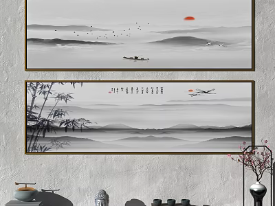 Abstract Painting Featuring Distant Mountains Red Sun Flying Birds Small Boat Bamboo For Interior Decor 3d model