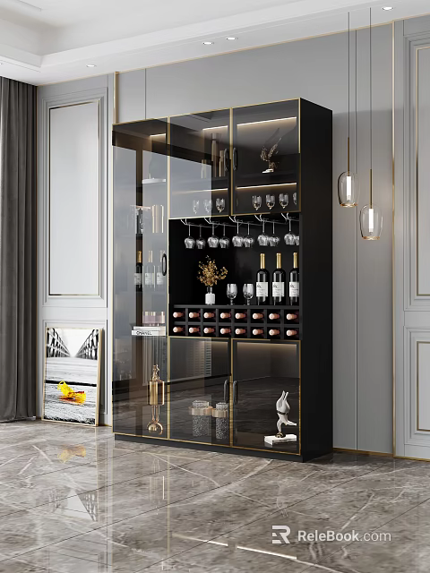 Elegant Modern Wine Cabinet With Glass Door Wine Bottles Wine Glasses And Gold Accents 3d model 